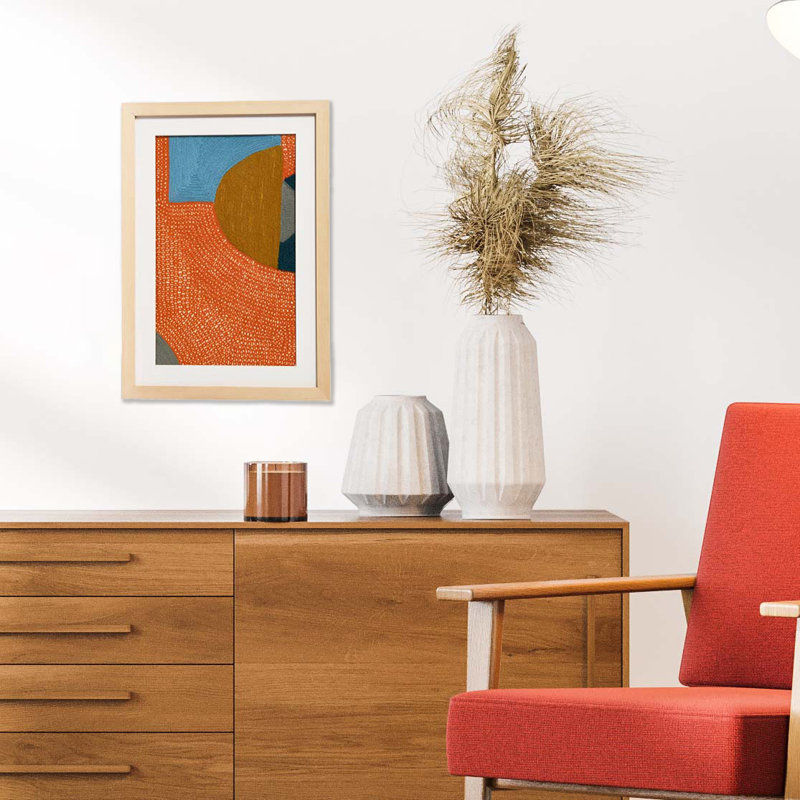 Framed Abstract Textile Art with Brown Wood Frame