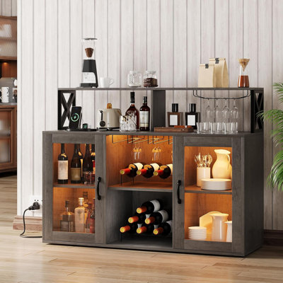 Armoire de bar avec prises de courant à DEL et porte-verres Armoire de rangement pour le vin avec support pour cuisine