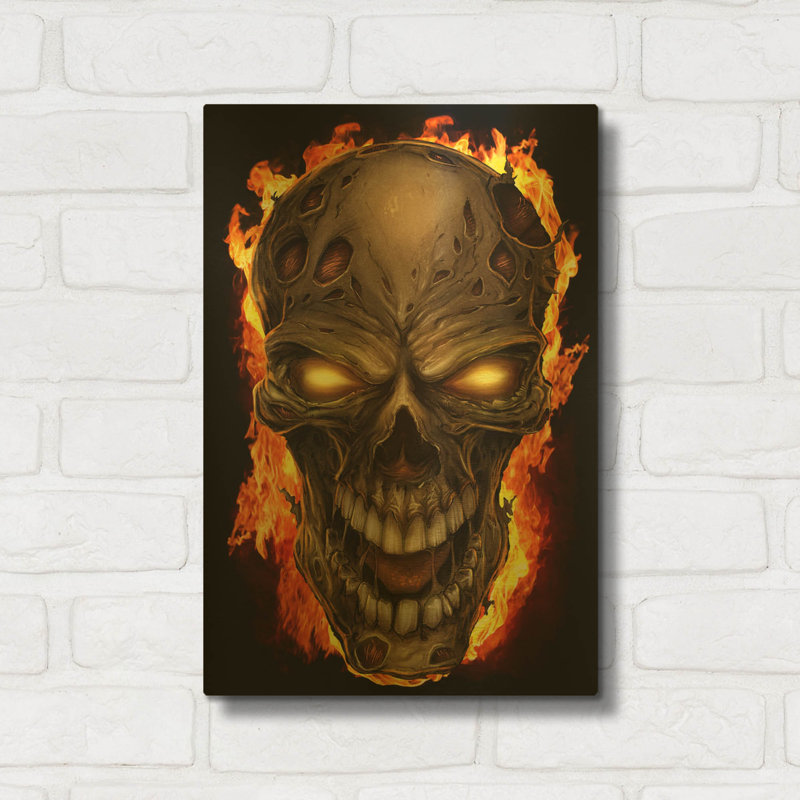 « Crâne de feu zombie » de Flyland Designs, décoration murale en métal doré, 30,5 x 40,5 cm, 12 po x 16 po