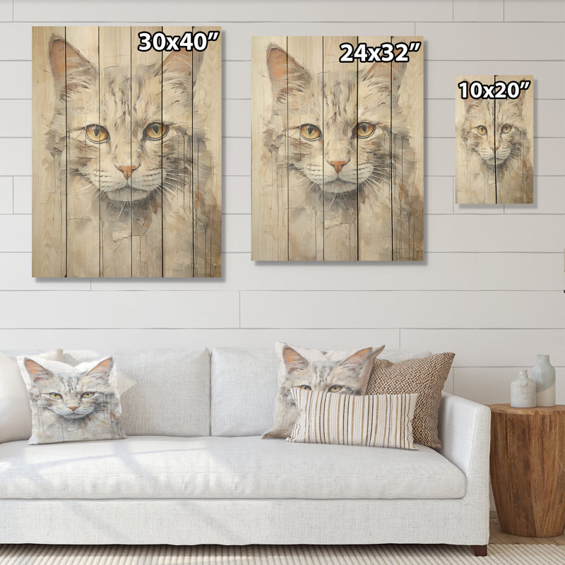 Minimalisme, portrait de chat beige - Art mural en bois sur bois de pin naturel, H 40 po x l 30 po