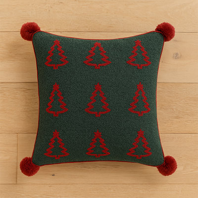 Soft Boucle Holiday Green Christmas Tree Embroidered With Pom Pom Throw Pillow Cover 18" X 18"