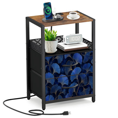 Table de chevet 2 tiroirs en tissu avec station de charge Golden Ginkgo Leaves Table de chevet abstraite bleu foncé avec ports USB et prises