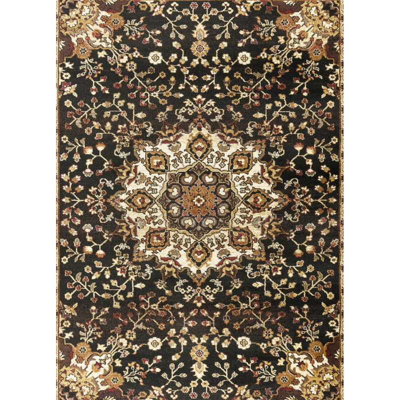 Remise de rangement classique en métal 3 po Tapis noir X 7 avec un médaillon gracieux et tendance - couleurs, polypropylène avec palette de couleurs élégante, composition