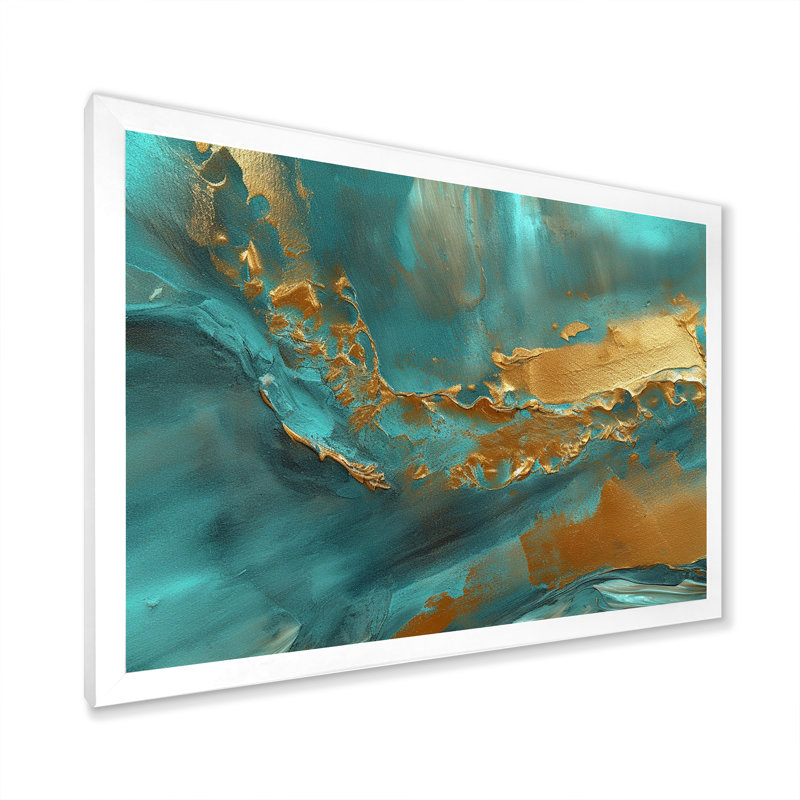 Golden Sunshine Wild Turquoise River Abstract I - peinture murale abstraite, Cadre simple blanc, H 24 po x l 32 po x P 1 po