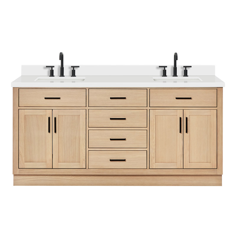 Meuble-lavabo double en bois massif 72 po Tidworth avec plateau en quartz blanc 1,5 po, Ovale, Vert rétro