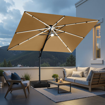 9 X 11 Ft Solar Led Light Rectangular Patio Cantilever Umbrella with Weighted Base