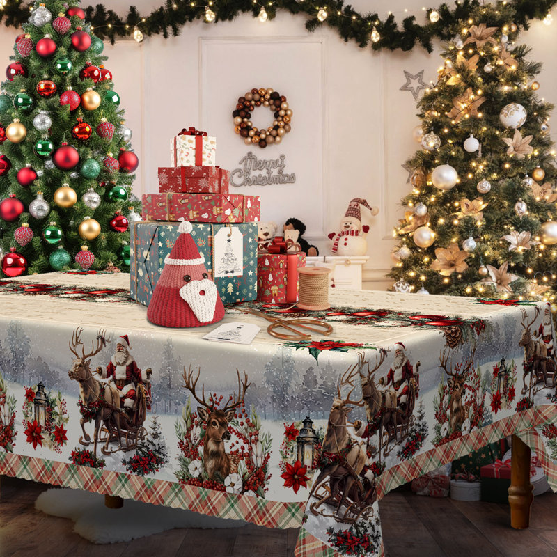 1pc round/rectangular polyester tablecloth, Christmas tablecloth with pine, snowman, truck, embosed edge, Christmas decorations for dining table, festival party holiday table decoration, perfect festival gift