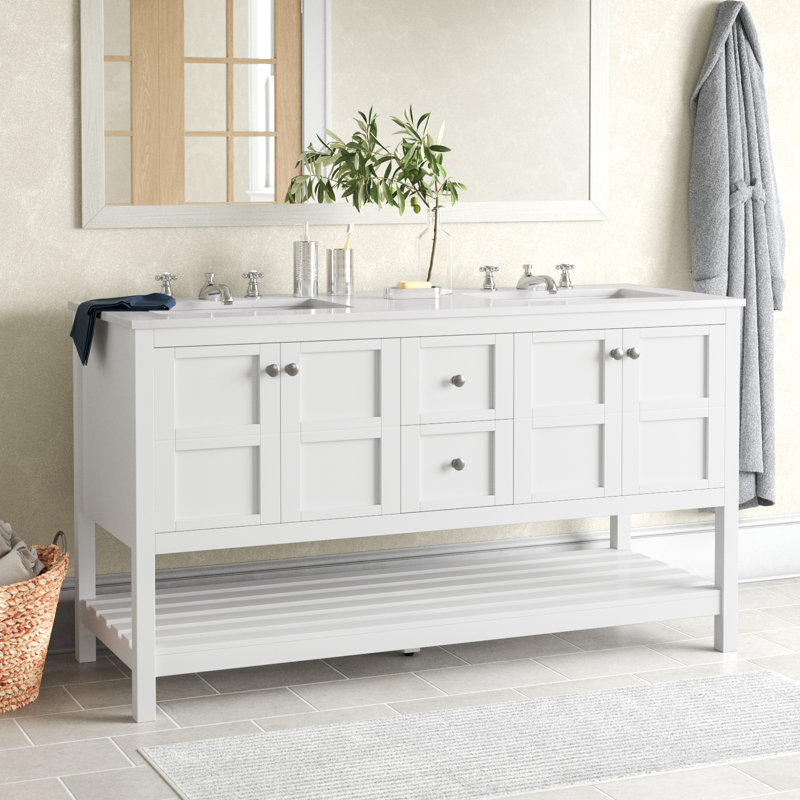 Krish 60'' Double Bathroom Vanity with Engineered Marble Top, Off-White