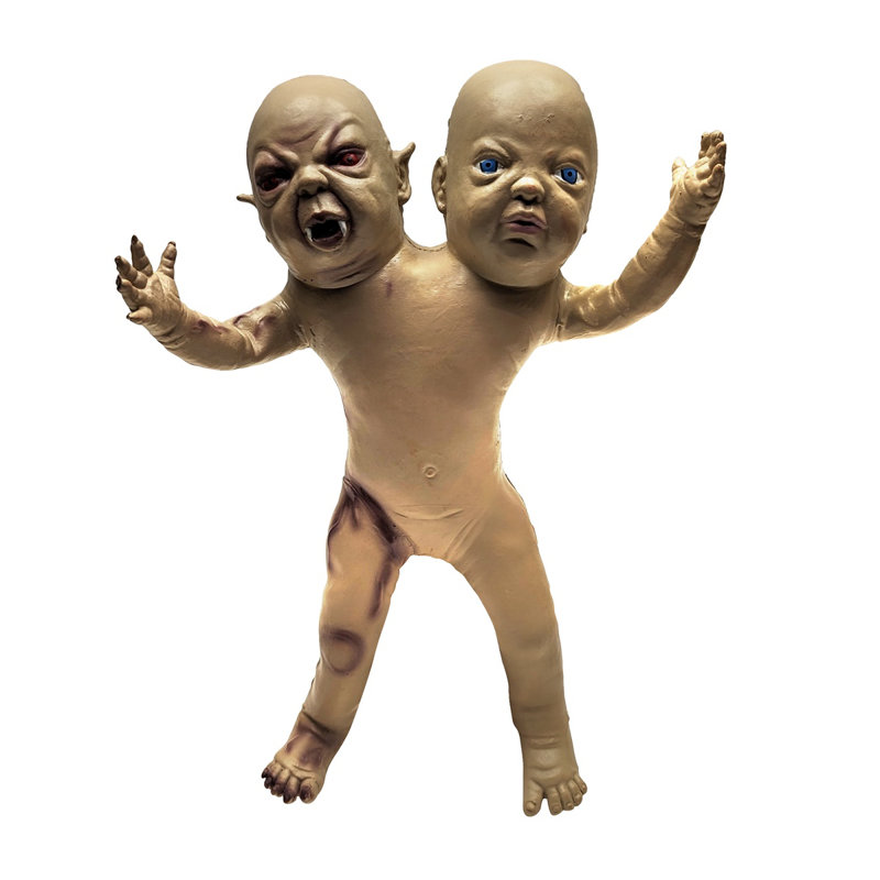 Scary 2 Headed Vampire Twins Creepy Baby Doll Horror Movie Prop Halloween Decor