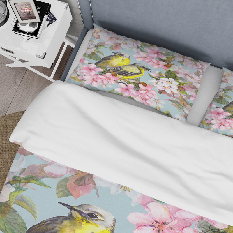 Ensemble de housse de couette en cerisier rose avec fleurs de cerisier et de pommes avec oiseaux II