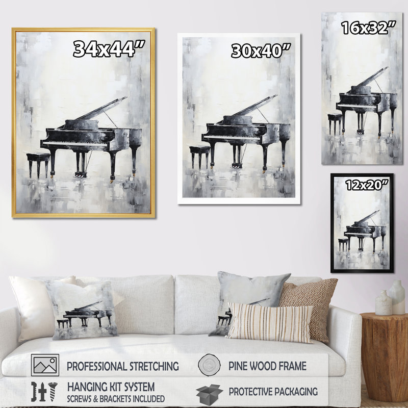 Minimalisme piano minuit noir et blanc III sur toile, Cadre doré simple, H 32 po x l 24 po x P 1 po