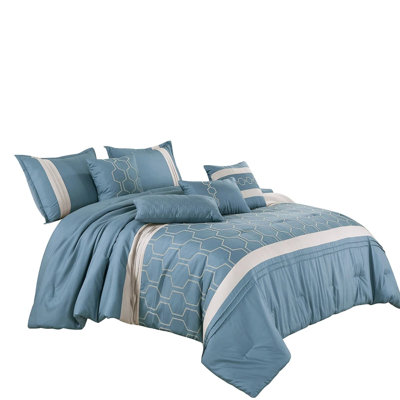 7 Piece Light Blue Striped Comforter Set Embroidery Soft Bedding