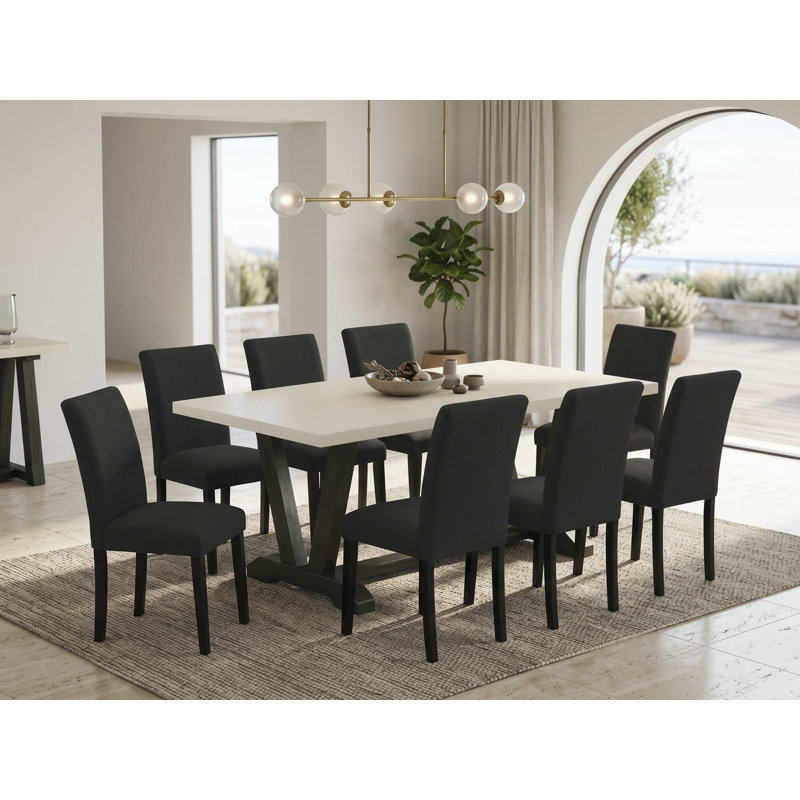 Ensemble de table de salle à manger 9 pièces comprenant une table rectangulaire en lin blanc et 8 chaises rembourrées en tissu de lin noir avec dossier haut - finition noire brossée