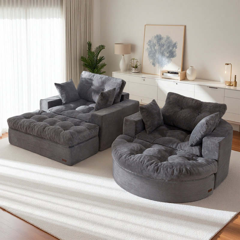 Ensembles de méridienne rembourrés avec repose-pieds, canapé confortable rond + carré sans capitonnage, sans assemblage