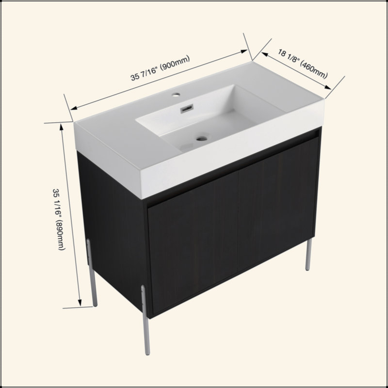 Meuble-lavabo sur pied 36 po avec lavabo en résine, armoire de rangement avec portes à fermeture douce