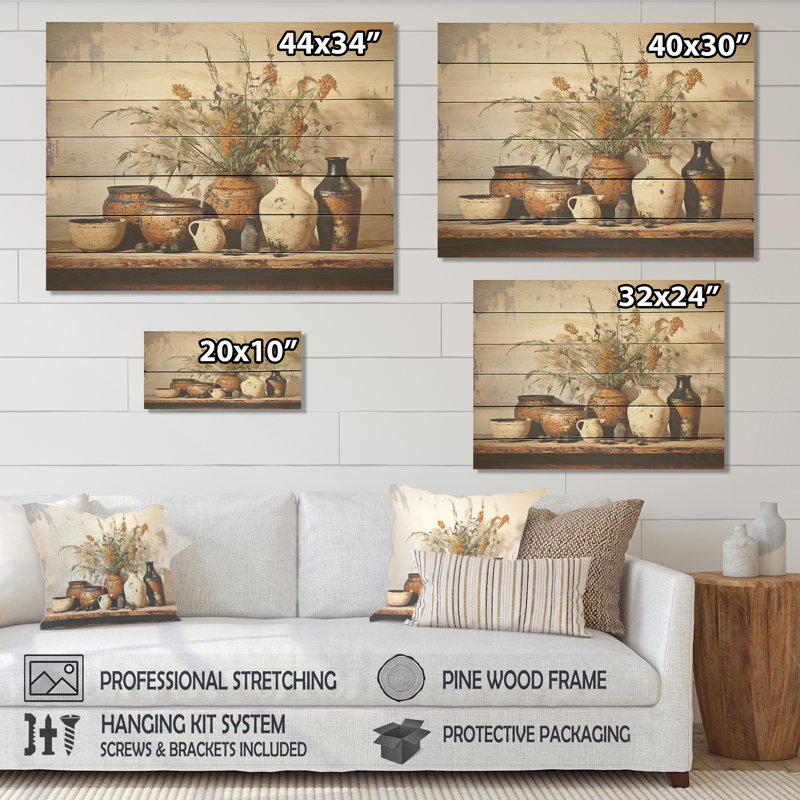 Brown Floral Vintage Pottery Artifacts - Boho Pottery On Wood Print, 30" H x 40" W x 0.78" D