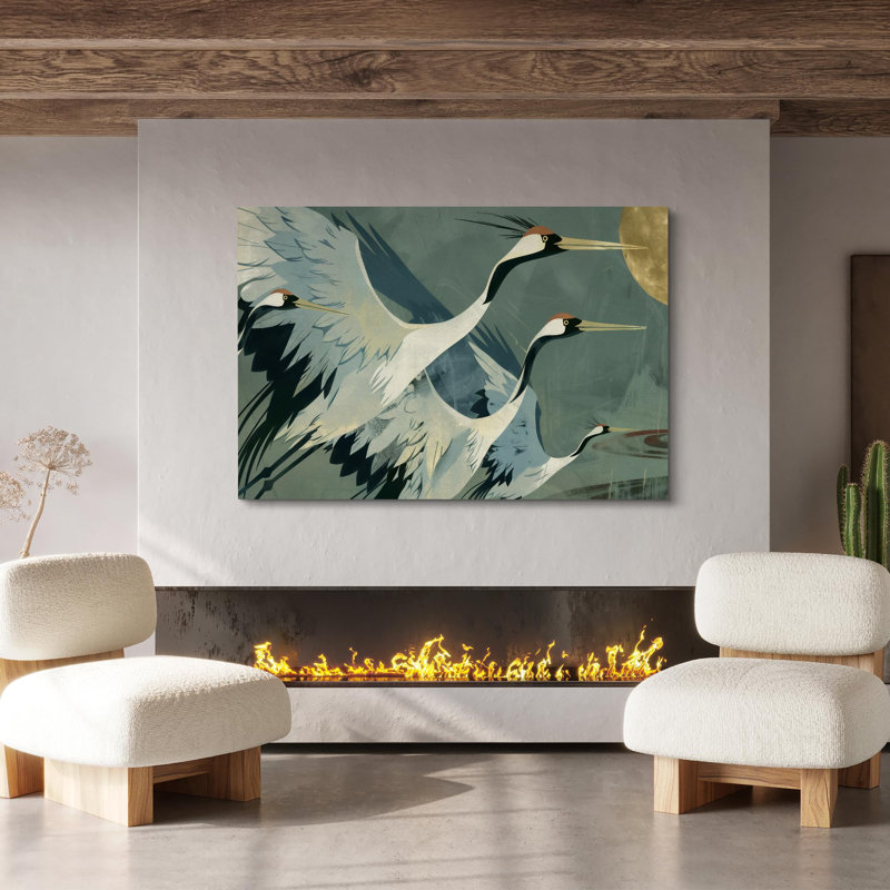 «Crane Heron Bird Elegant Cranes in Flight Birds», reproduction d'art moderne sur toile extra large, Toile tendue