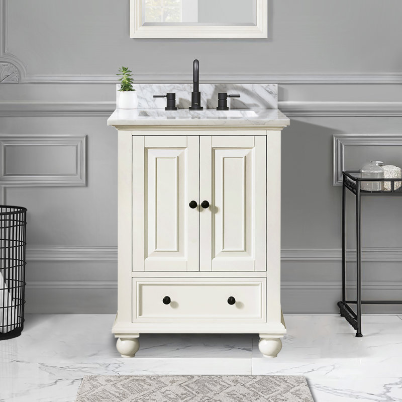 Thompson 25" Single Modern Bathroom Vanity Set, French White, Carrera White
