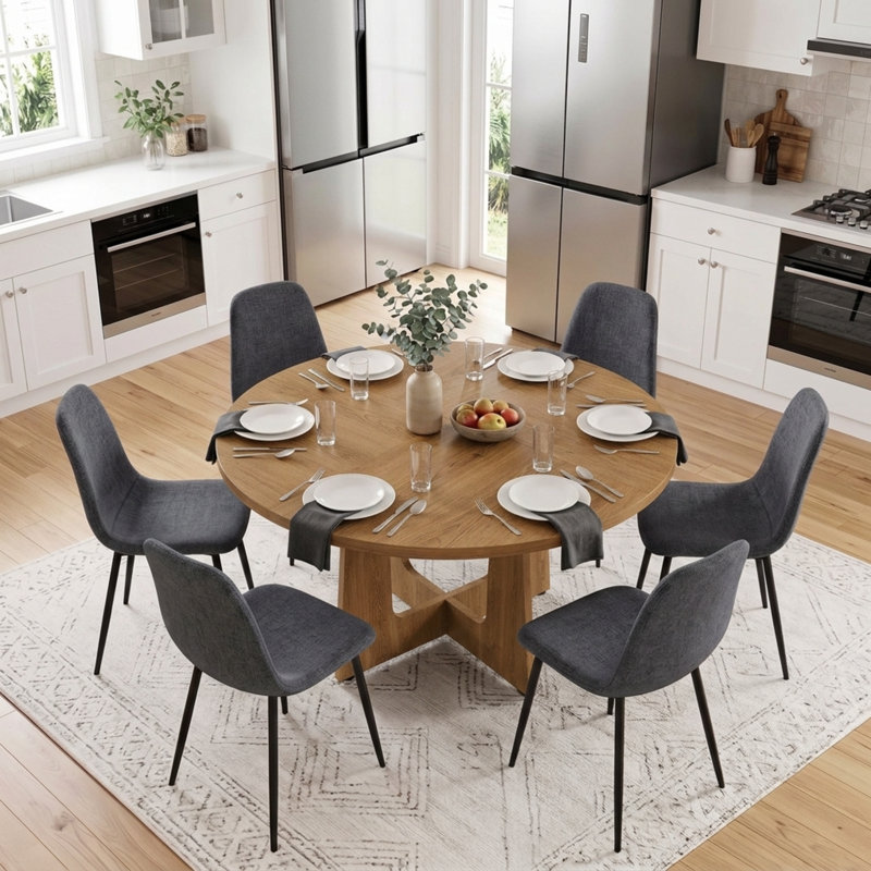 Ensemble de salle à manger 7 pièces avec chaises rembourrées, Chêne, 7 pièces : table, 6 chaises, Gris foncé