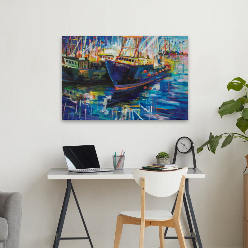 Art bleu et bateaux pour la nuit, H 24 po x l 36 po