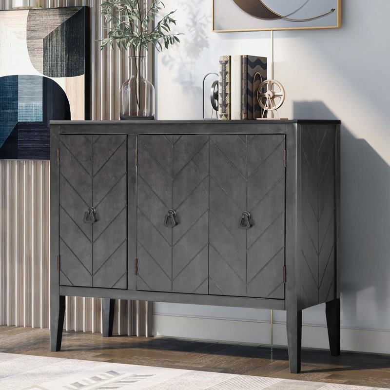 Console en bois avec 3 poignées rétro en métal et 4 pieds en bois de pin, Gris