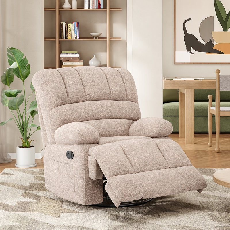 Heald 40.94"W Upholstered Swivel Rocker Recliner, White Chenille