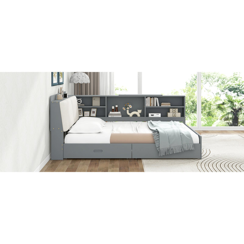 Structure de lit en bois gris avec tête de lit, 2 tiroirs et conception simplifiée, Gris