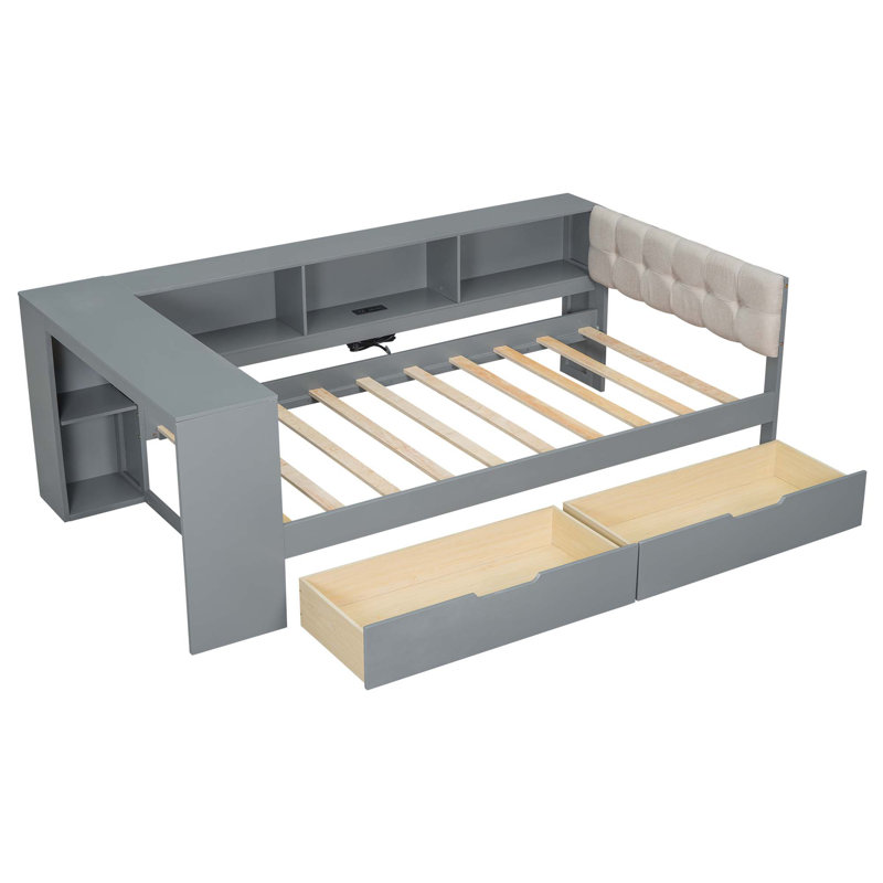 Wood Platform Bed With Storage Shelves,Drawers,Charging Station And Upholstered Headboard, Gray, Twin