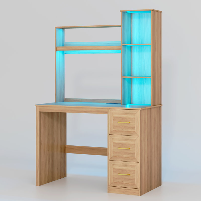 Computer Desk with Power Outlet and Tri-Color Light, Home Desk with Shelves and Drawer, Oak