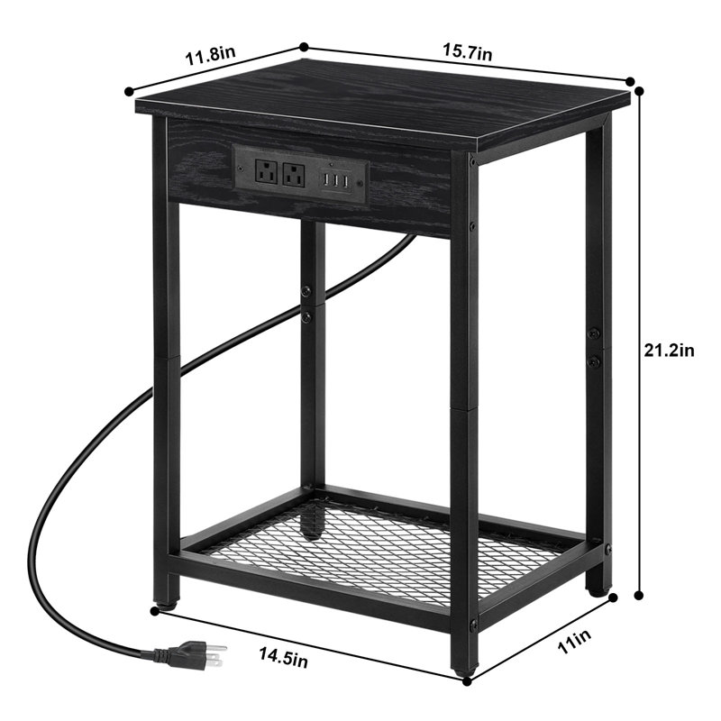 2 - Pack  Side Tables Extended Power Strip + 3 USB Ports, Matte Black