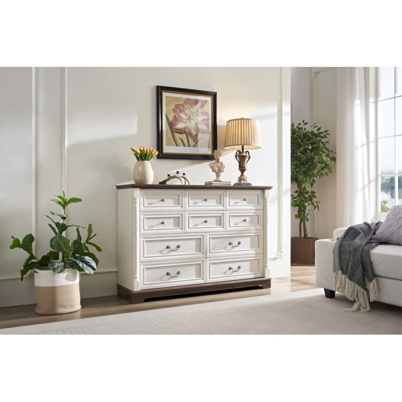 Commode 10 tiroirs pour chambre à coucher avec base en bois et garniture de colonne montante, solution de rangement rustique pour les maisons modernes