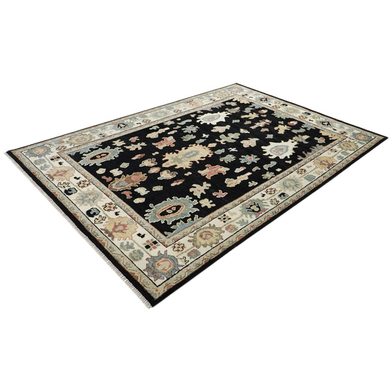 Tapis noir en laine noué à la main 8 pi 6 po x 11 pi 11 po Oushak