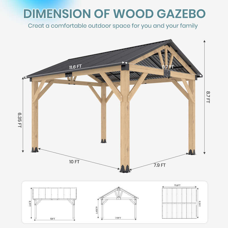 12 Ft. W X 10 Ft. D Solid Wood Gazebo, Outdoor Storage Gazebo With Metal Steel Gable Roof For Garden, Porch, Patio
