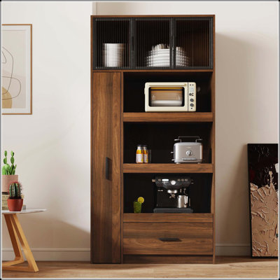 Grand garde-manger avec tablettes coulissantes multifonctionnelles, tiroir et porte en verre à cadre en aluminium pour un rangement organisé