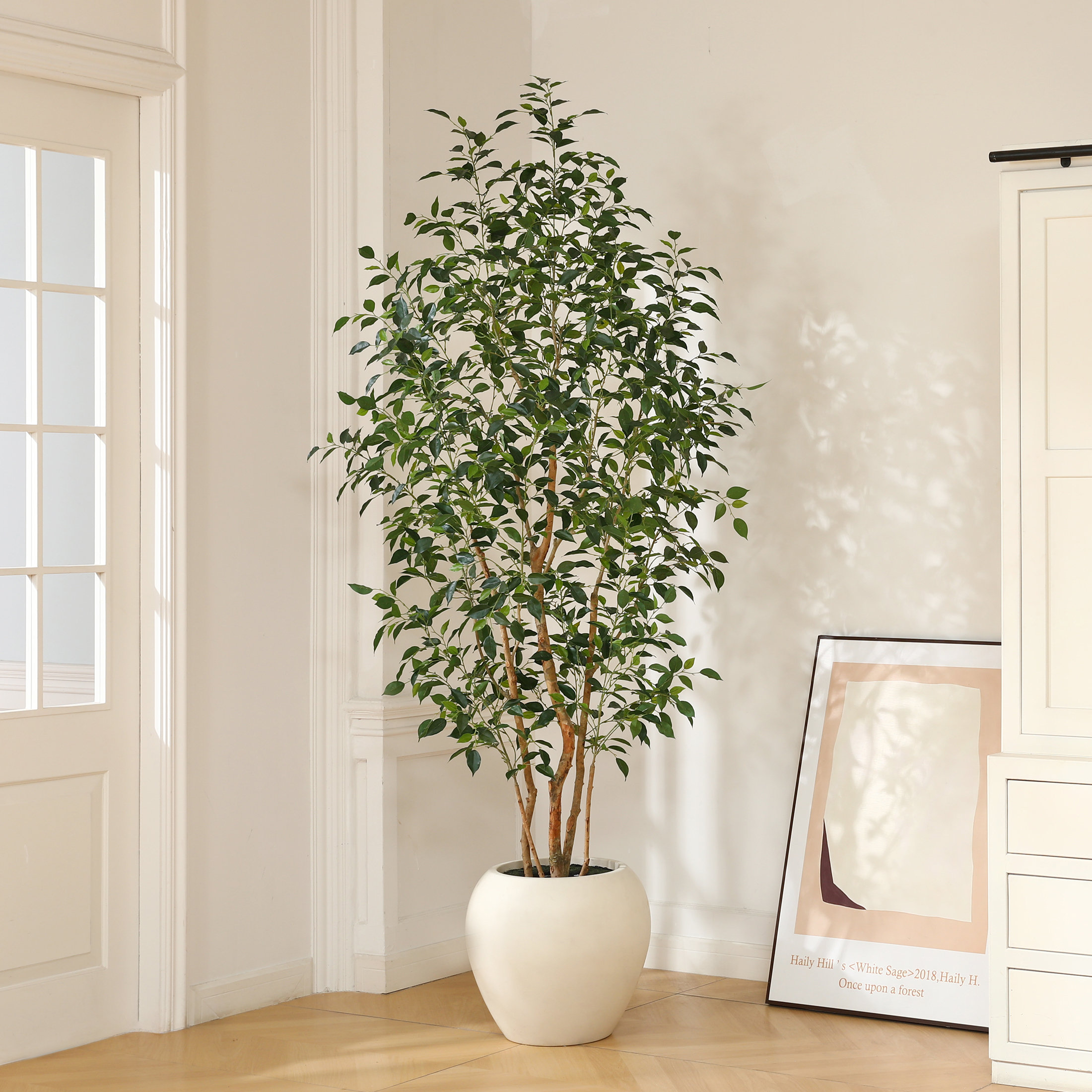 Primrue Adcock 8ft Artificial Ficus Tree with White Tall Planter, Faux Ficus Tree with Natural Trunk & Reviews | Joss & Main