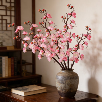 7PCS Artificial Plum Blossom Branches 22" Long - Realistic Silk Wintersweet Flowers, Faux Cherry Blossom Stems for Tall Vase, Home Indoor Spring Decor, Wedding Arrangements