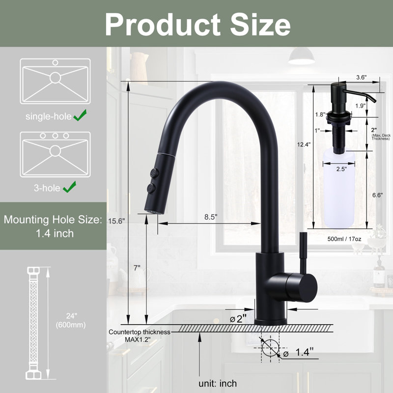 Single Handle Pull Down Sprayer Kitchen Faucet with Soap Dispenser and Deck plate, Matte Black
