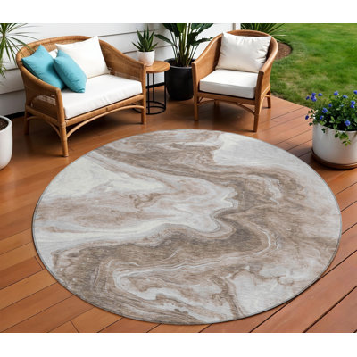 Tapis extérieur rond lavable abstrait taupe et argenté 8 pi Everette