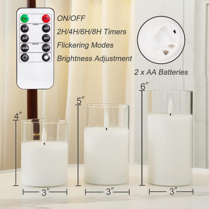 Clear Glass Flameless Candles, Pure White Wax Battery Operated Candles, Led Pillar Candles With Remote Control And Timers, D3 H4 5" 6", Set Of 3