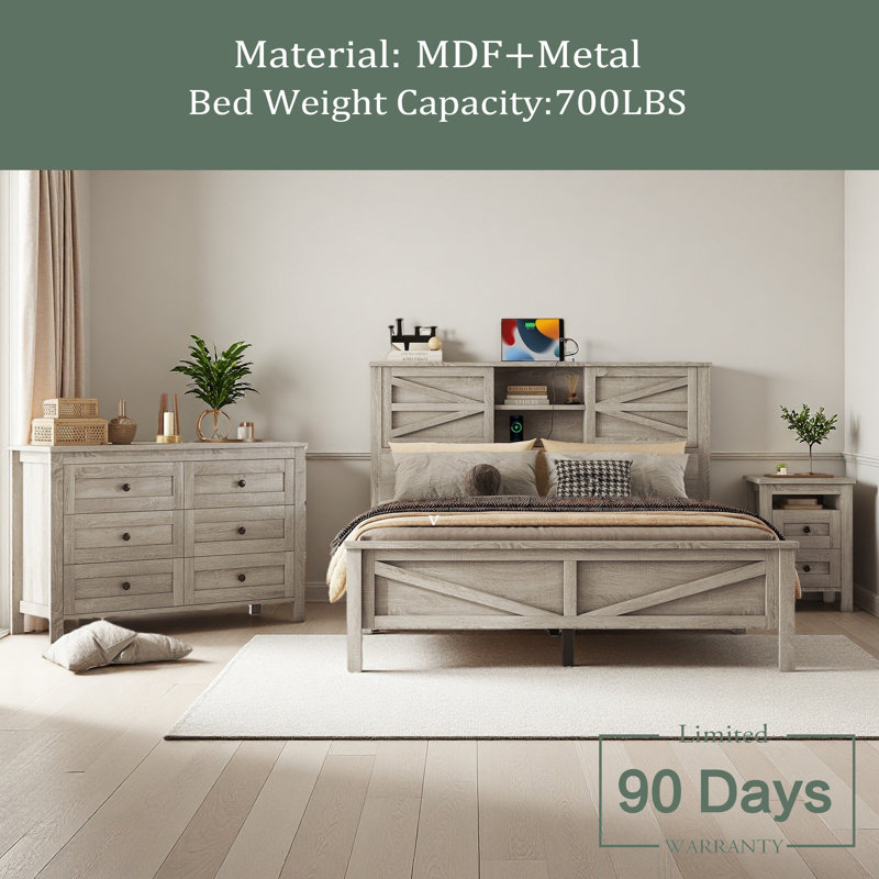 Ensemble de chambre à coucher 3 pièces avec lit plateforme Farmhouse, Gris antique