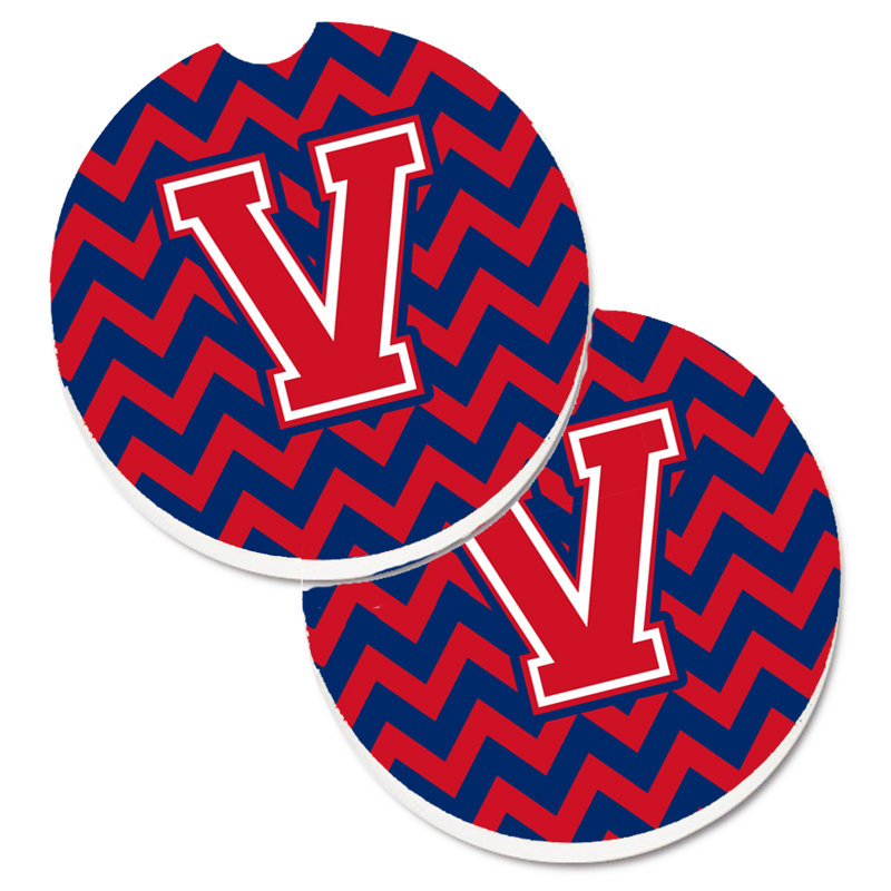 Ceramic Round 2 Piece Car Coaster Set, V, Blue/Crimson