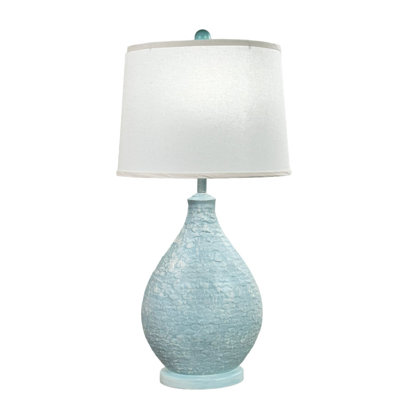 Weathered Oval Table Lamp with Fish Pattern, Blue