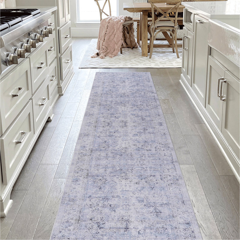 Tapis de couloir bleu lavable 2 pi 6 po x 10 pi (bleu + crème, 2 pi 6 po x 10 pi), Light Blue
