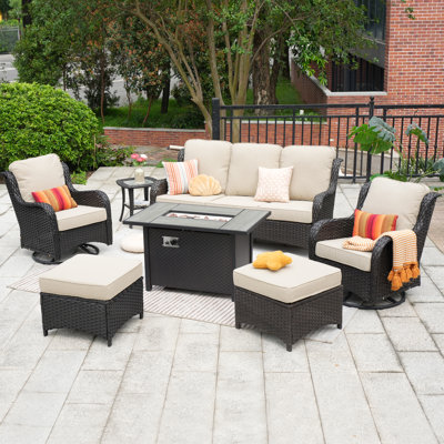 7 - Person Patio Furniture Set with Swivel Rocker, Outdoor Wicker Rattan Seating Group with Cushions, All Weather Sofa Conversation Set with Fire Pit Table for Garden Backyard