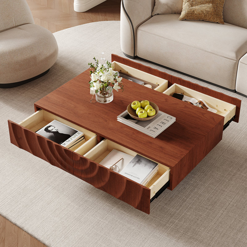 Table basse rectangulaire en bois de 47 po avec 4 tiroirs de rangement et conception latérale ondulée