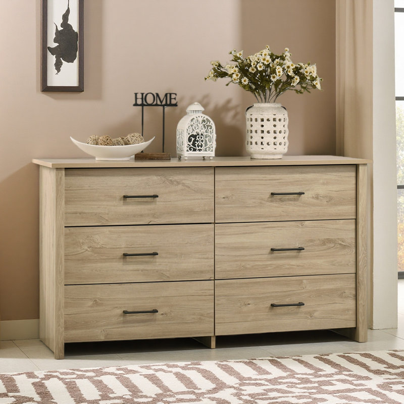 Commode 6 tiroirs 57 po avec poignées, Chêne clair