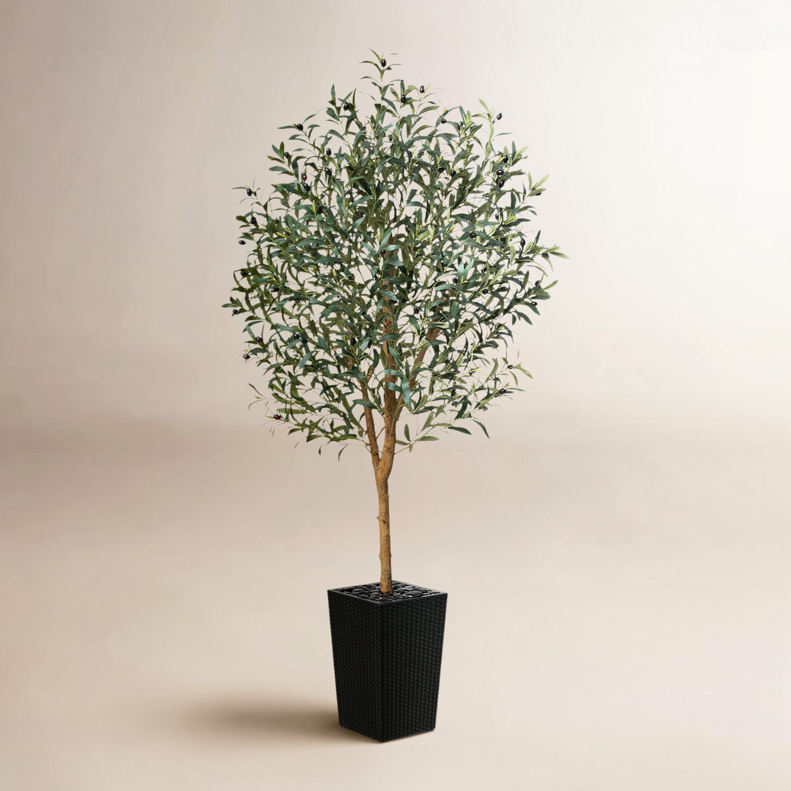 George Artificial Olive Tree with Decorative Pot, UV Resistant Faux Olive Tree with Natural Trunk, Black