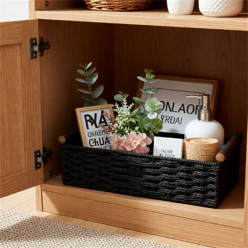 Black Round Paper Rope Storage Basket Set With Handle, Toilet Paper Holder For Bathroom Countertop, Black