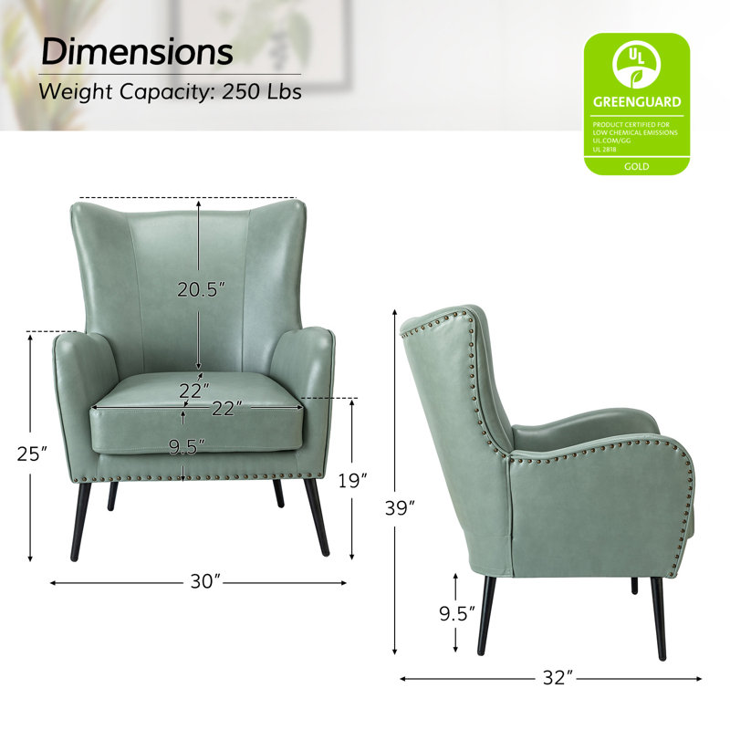 Fauteuil à oreilles 30 po Ebbert, Cuir végétalien vert sauge