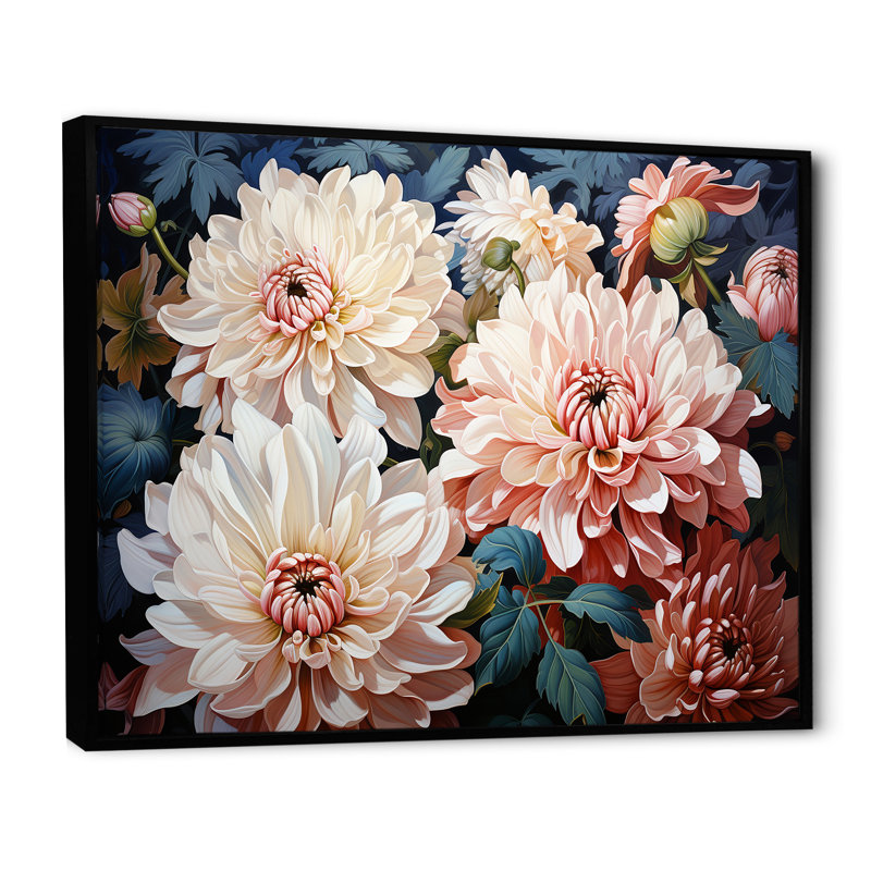 Chrysanthèmes rose et blanc collage I - décoration murale de chrysanthèmes, Cadre flottant noir, H 34 po x l 44 po x P 1,5 po